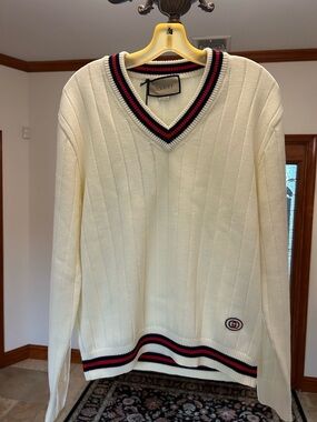 Men's Gucci cotton V-neck sweater navy/red web trim interlocking G logo size XS